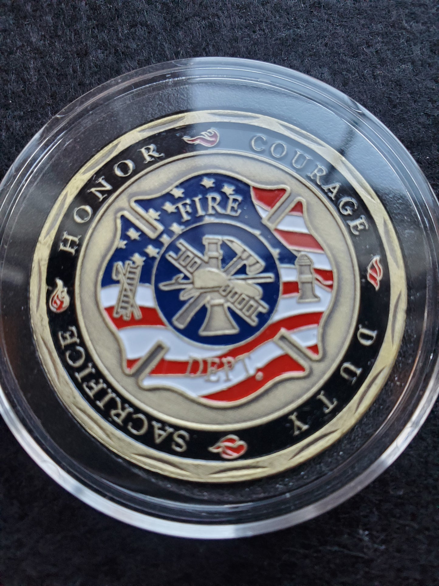 Red lives matter: Fire Fighter Challenge Coin display